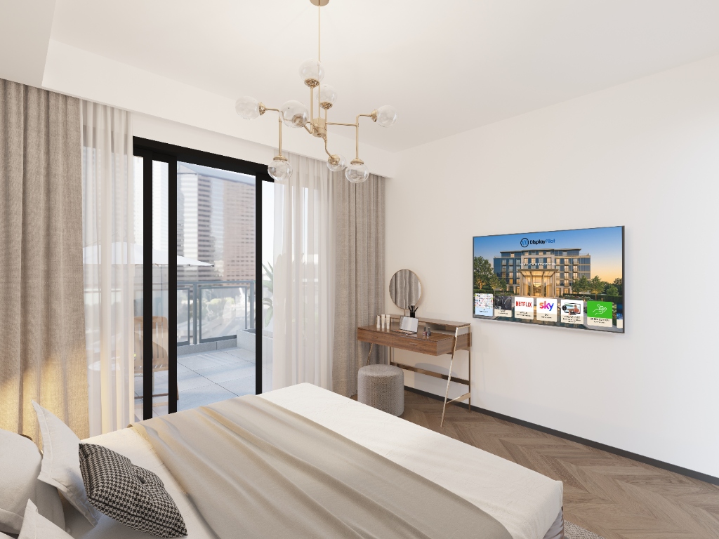 DisplayPilot Hotel-TV Welcome-Screen auf dem Smart-TV an der Hotelzimmerwand