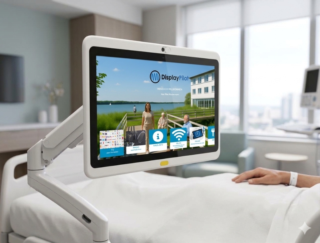 Patient im Klinikbett interagiert mit dem aktiven DisplayPilot MedTab Patiententerminal am Schwenkarm