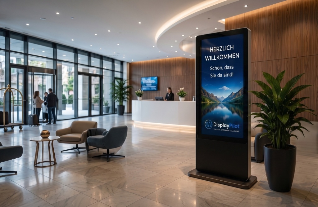 Digitale Infostele und Wegweiser im Empfangsbereich einer modernen Hotellobby