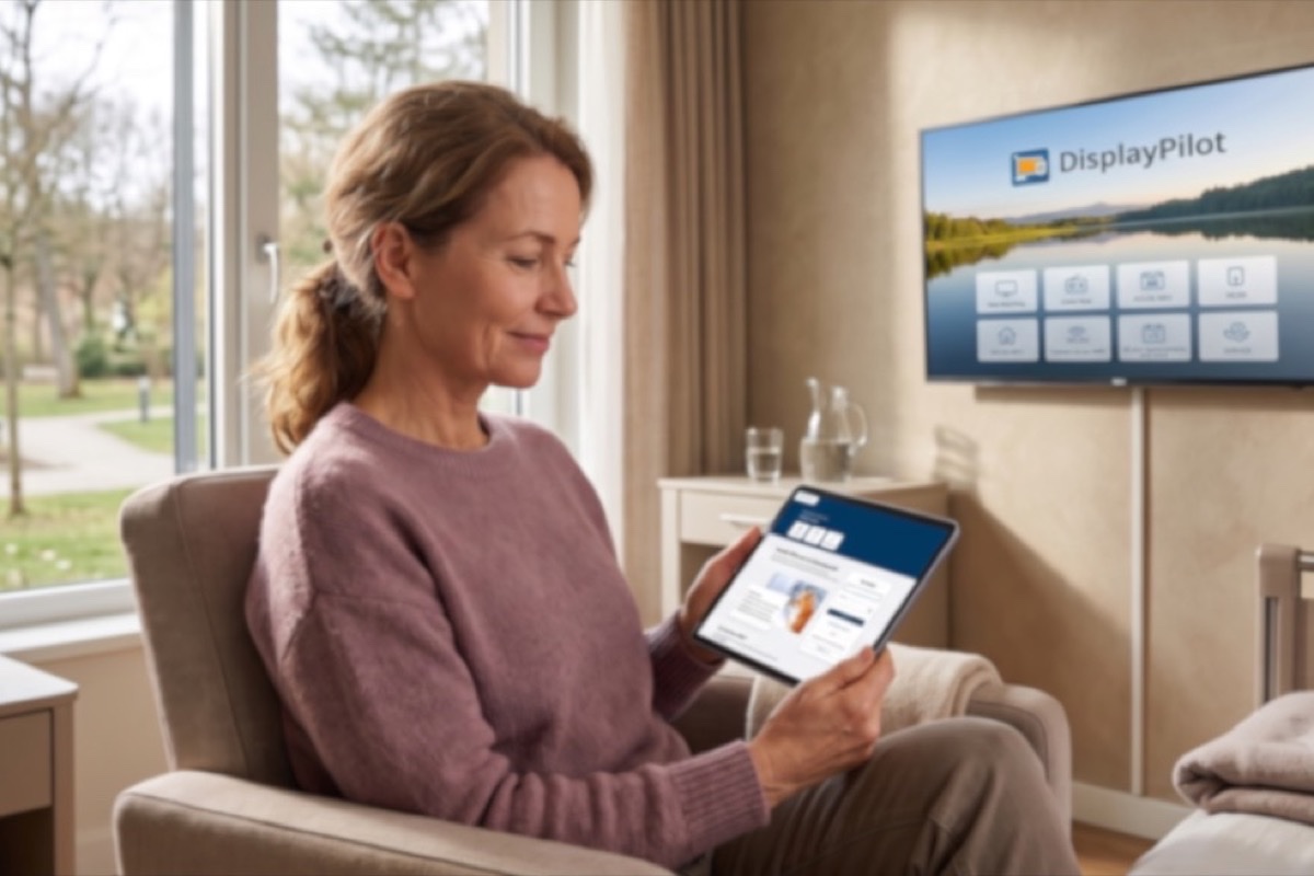 Patientin mit Tablet im hochwertigen Zimmer, DisplayPilot-TV an der Wand